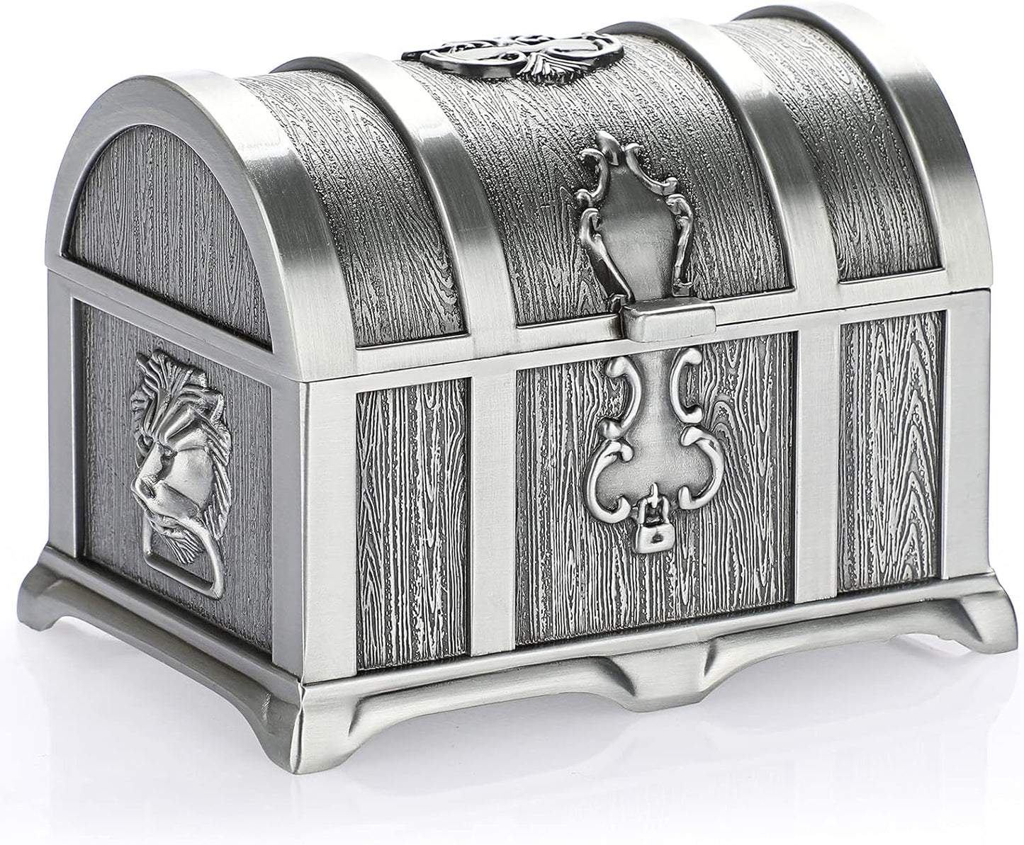 Vintage Metal Jewelry Box Treasure Trinket Chest,Smal Ring Earrings Necklace Keepsake Gift Holder Case for Ladies Women (Small) (Metallic Grey, Medium)