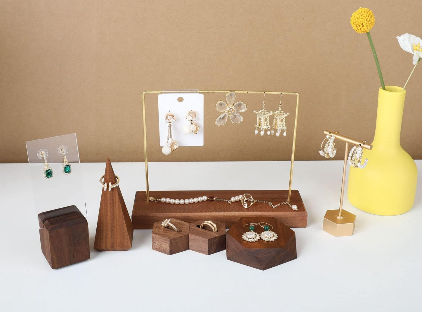 Walnut Earring Holder for Selling, Brass Earring Stands and Displays for Show, Wood Jewelry Storage Hanging Shelf for Girl Woman【Walnut U Shelf Height 5.91"-Small】