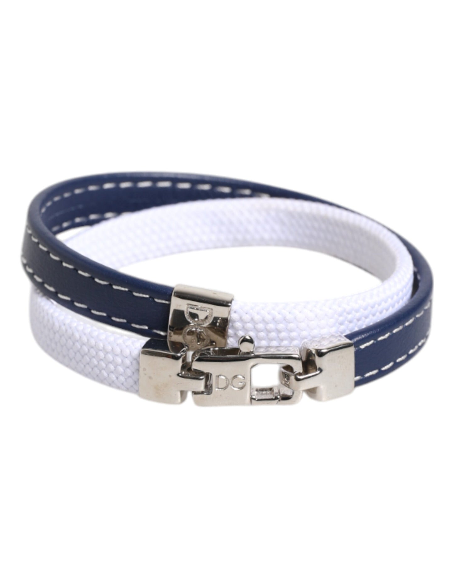 Blue White Leather Trimmed DG Engraved Silver Tone Clasp Bracelet
