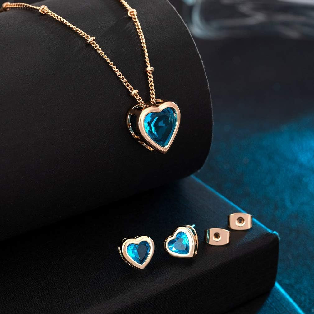 Austrian Crystal Heart Pendant Necklace Earrings for Women 14K Gold Plated Hypoallergenic Jewelry Set