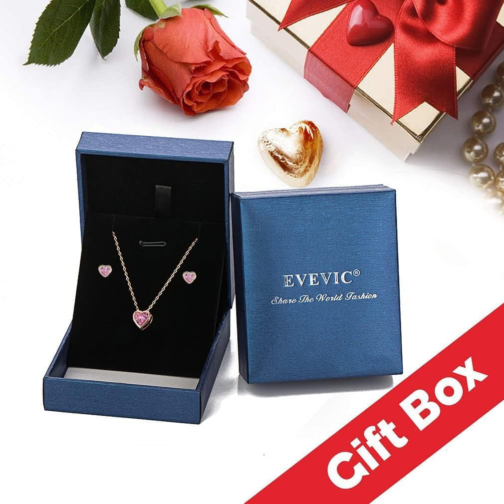 Austrian Crystal Heart Pendant Necklace Earrings for Women 14K Gold Plated Hypoallergenic Jewelry Set