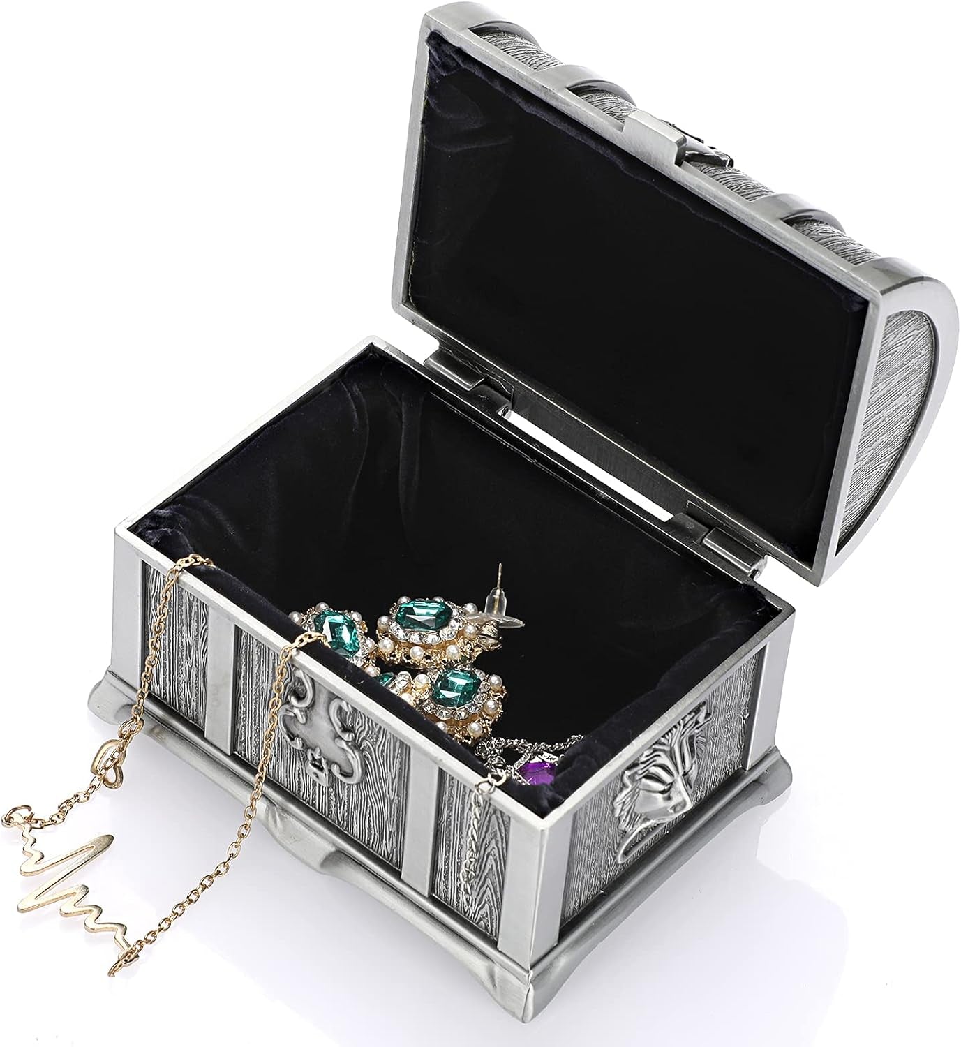Vintage Metal Jewelry Box Treasure Trinket Chest,Smal Ring Earrings Necklace Keepsake Gift Holder Case for Ladies Women (Small) (Metallic Grey, Medium)