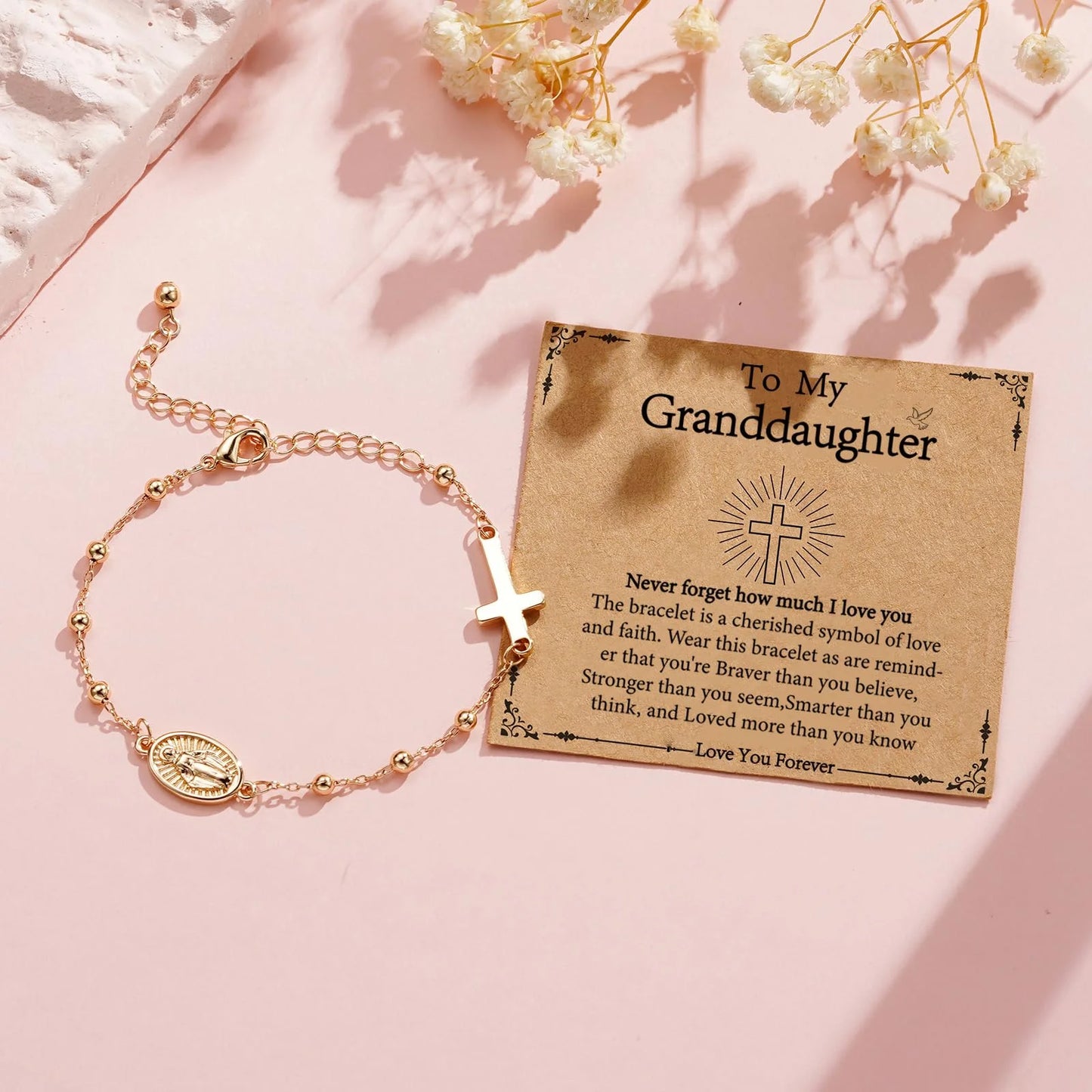 Catholic First Communion Confirmation Gifts for Teen Girls,Rosary Beads Virgin Mary Cross Charm Link Adjustable 6-8 Inch Chain Silver Bracelet Religious Baptism Jewelry Gift for Teenage Girl