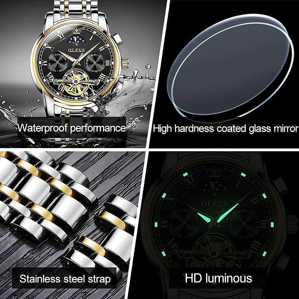 Automatic Mechanical Watches for Men Self Winding Waterproof Stainless Steel Men'S Wrist Watches Luxury Expensive Watch,Adjustable Bracelet (Gift Tool)