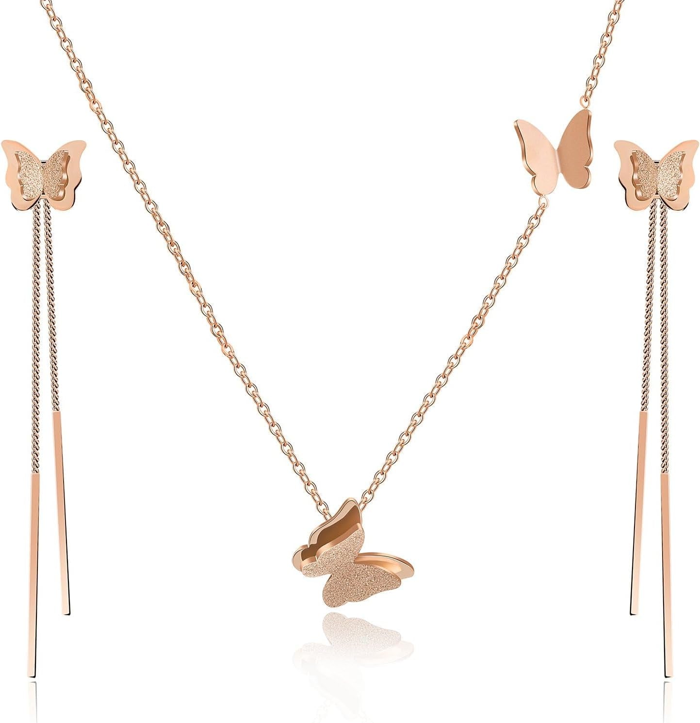 Stainless Steel Butterfly Necklace Earrings Set for Women 14K Gold Plated Hypoallergenic Jewelry Sets