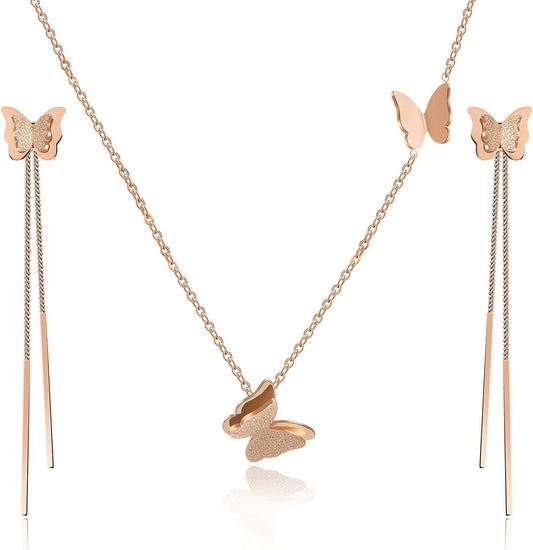 Stainless Steel Butterfly Necklace Earrings Set for Women 14K Gold Plated Hypoallergenic Jewelry Sets