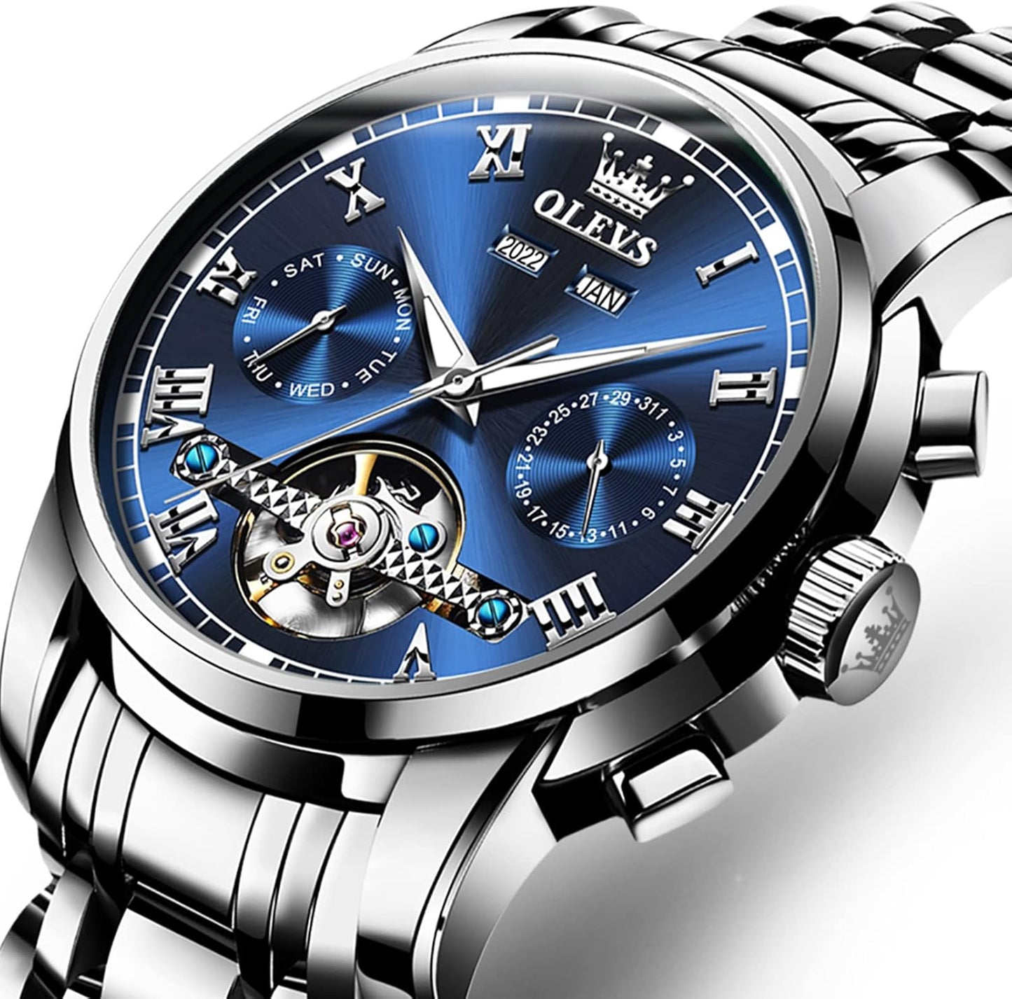 Automatic Watch(No Battery Required) Men'S Wrist Watches Self-Wind Mechanical Watches Fashion Classic Tourbillon Skeleton Watch Black Blue Green Face,Adjustable Bracelet (Gift Tool)