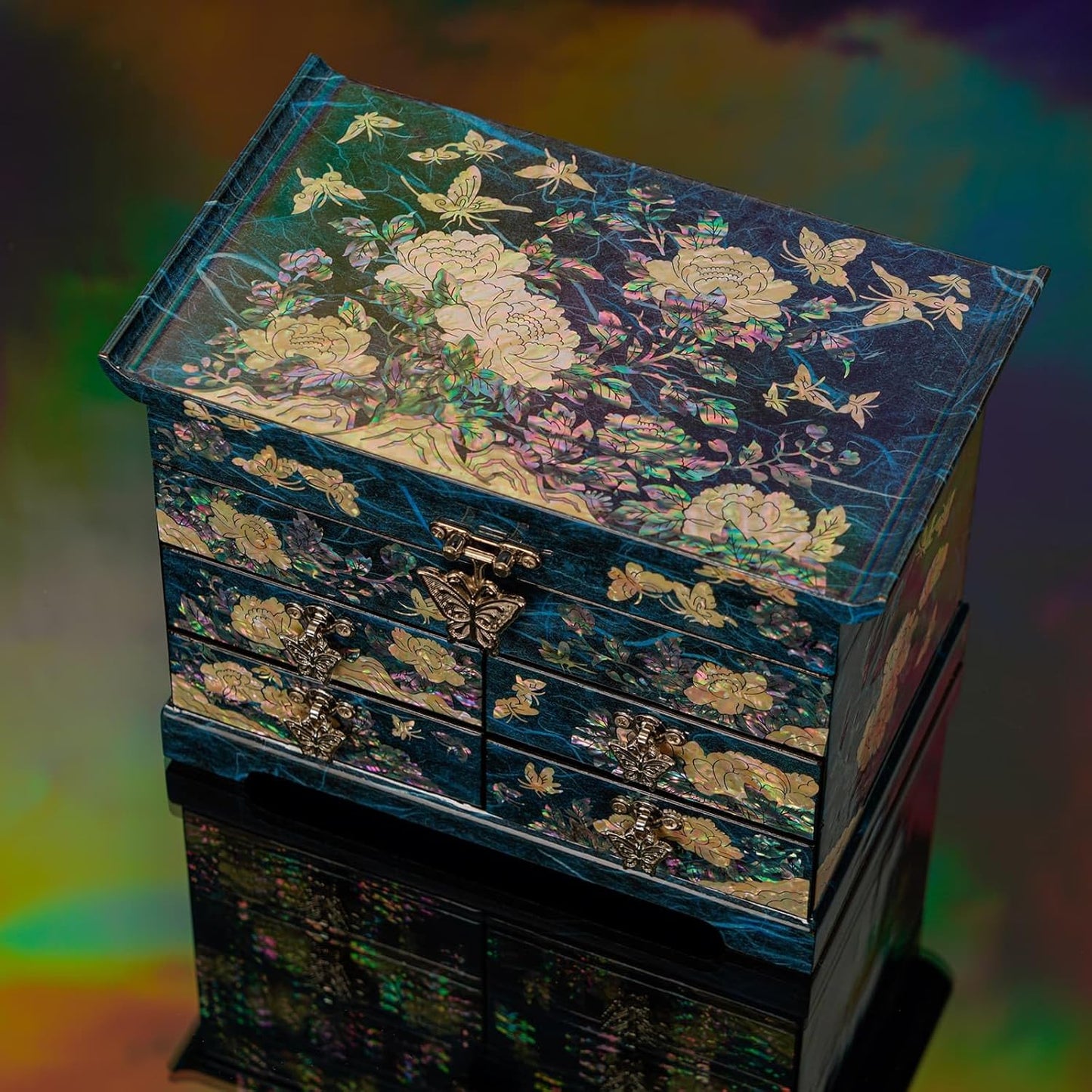 Mother of Pearl Wooden Jewelry Organizer Box – Jewelry Storage Box for Women, Features Spacious Drawers, Ideal for Rings, Bracelets, Watches, Chains, Accessories (Peony_Blue)