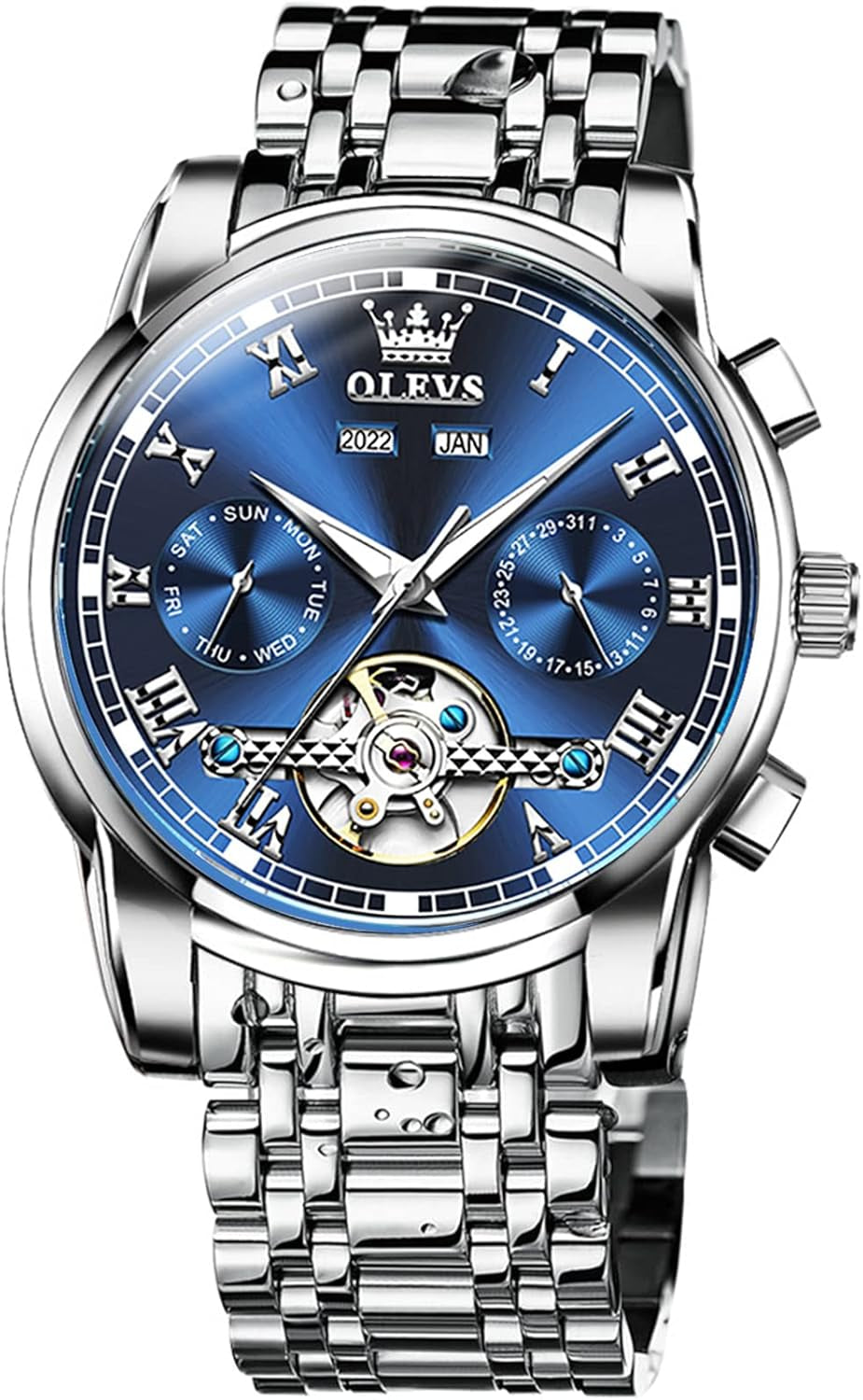 Automatic Watch(No Battery Required) Men'S Wrist Watches Self-Wind Mechanical Watches Fashion Classic Tourbillon Skeleton Watch Black Blue Green Face,Adjustable Bracelet (Gift Tool)