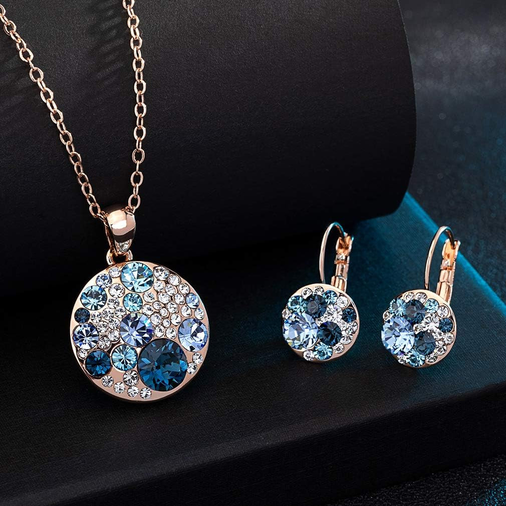 Austrian Crystals round Disc Pendant Necklace Earrings for Women 14K Gold Plated Hypoallergenic Jewelry Sets