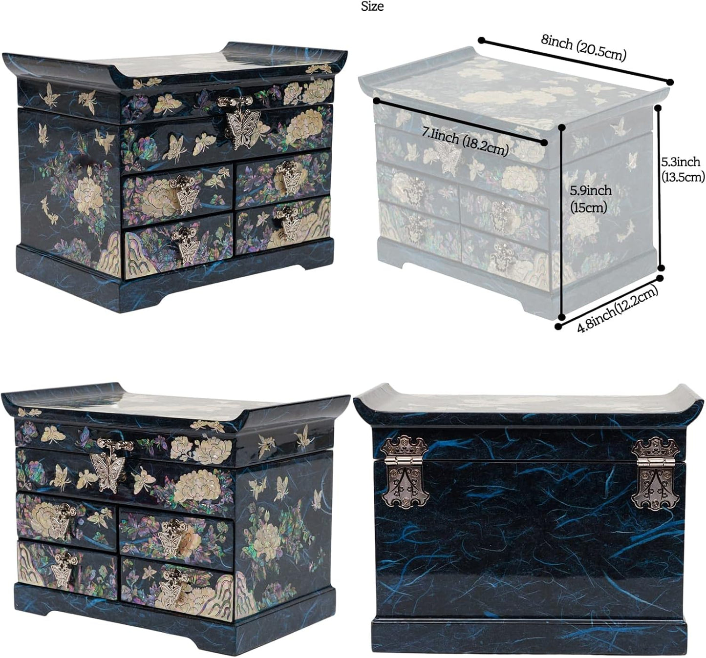 Mother of Pearl Wooden Jewelry Organizer Box – Jewelry Storage Box for Women, Features Spacious Drawers, Ideal for Rings, Bracelets, Watches, Chains, Accessories (Peony_Blue)