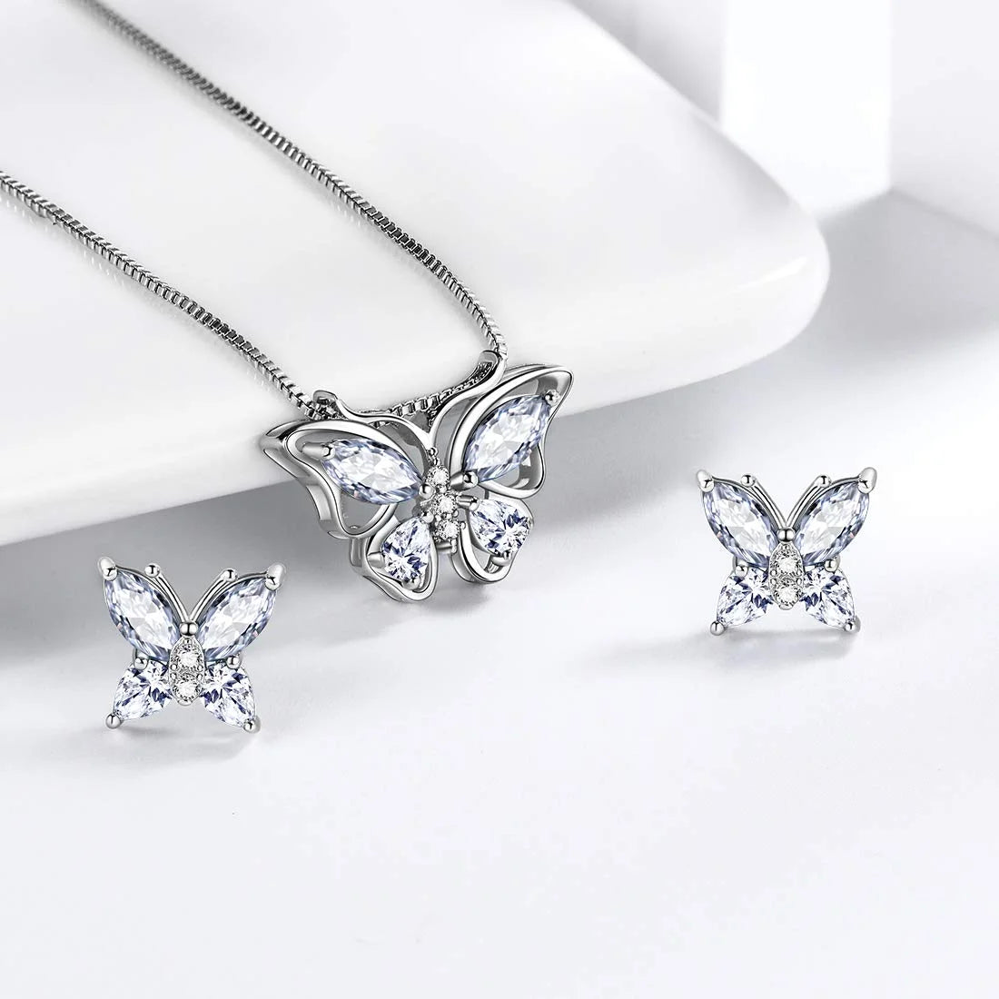 April Birthstone Jewelry Diamond White Butterfly Jewelry Set Fine Necklace Earrings Sterling Silver Women Birthday Wedding Mother'S Day Gifts