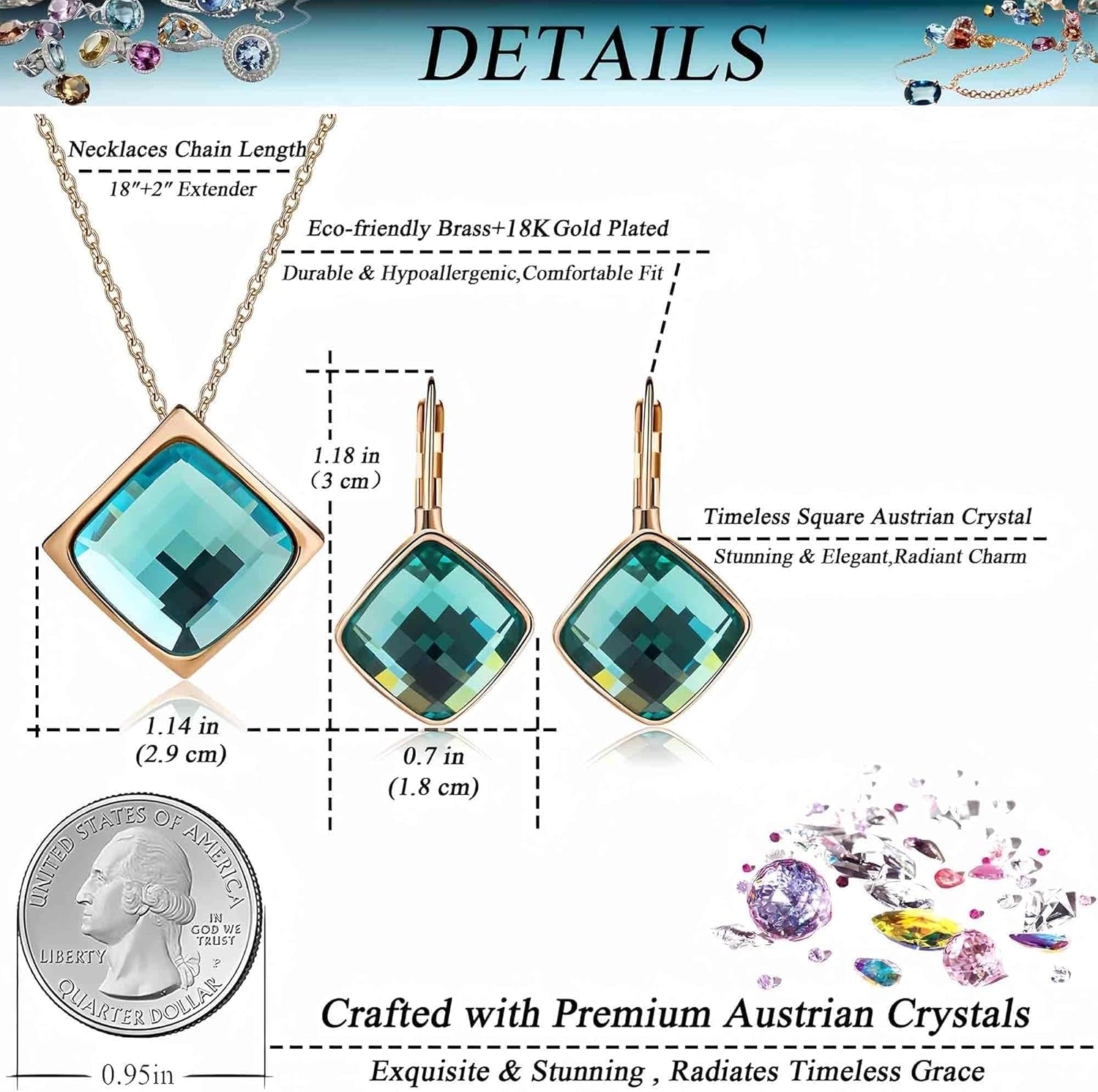 Square Austrian Crystal Necklace Earrings for Women Fashion 18K Gold Plated Hypoallergenic Jewelry Set