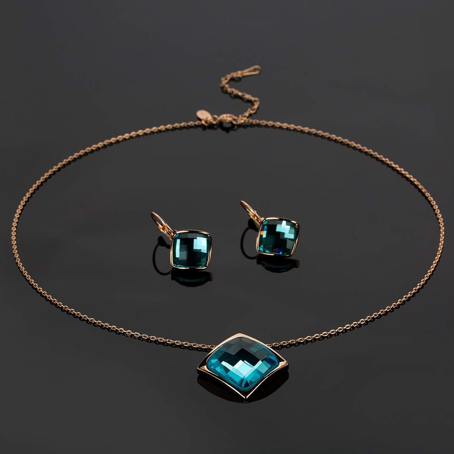 Square Austrian Crystal Necklace Earrings for Women Fashion 18K Gold Plated Hypoallergenic Jewelry Set
