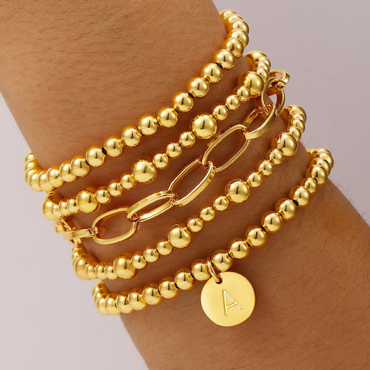 18K Gold Plated Initial Beaded Bracelets for Women Charms Stackable Letter a Chain Bracelet Set Xmas Birthday Christmas Jewelry Gifts Teen Mom Female Wife Girlfriend Adults Stocking Stuffers