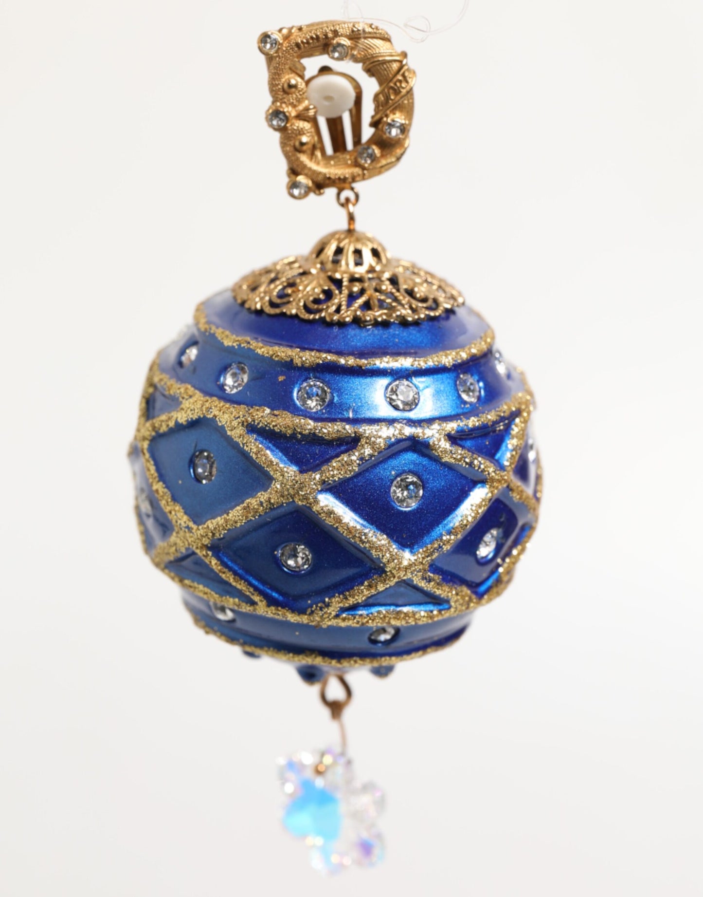 Gold Brass Blue Christmas Ball Crystal Drop Clip On Earrings