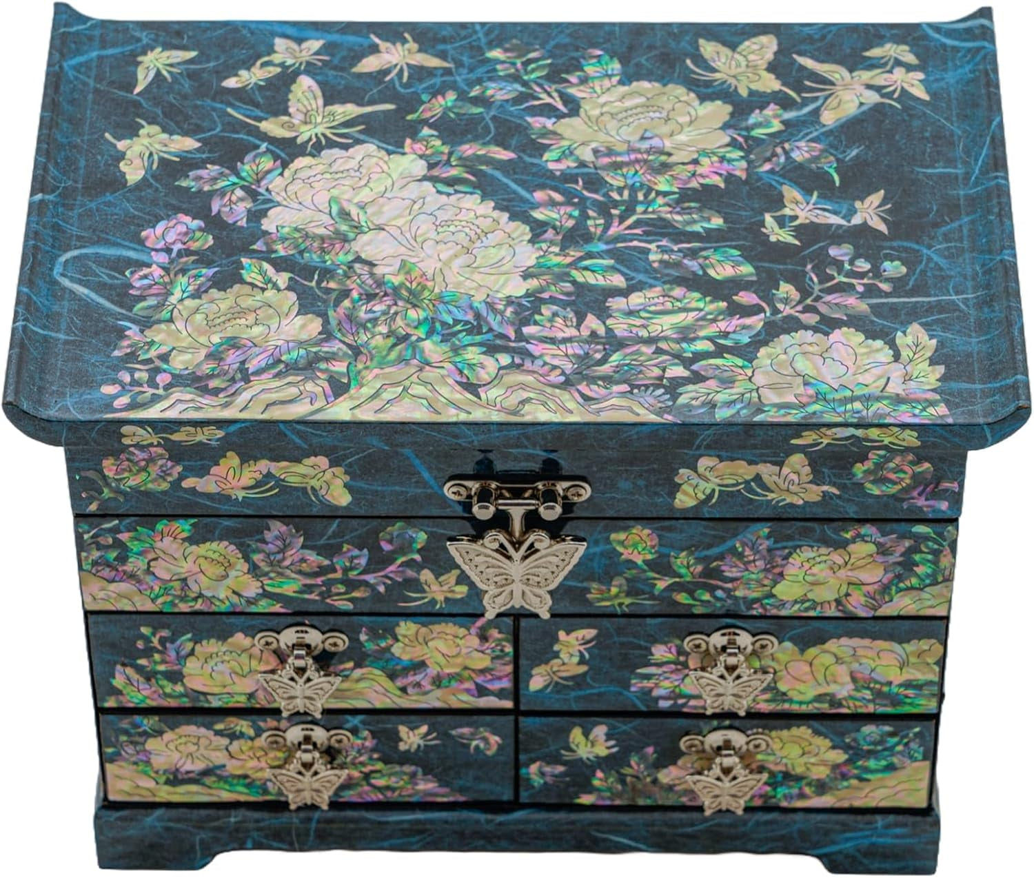 Mother of Pearl Wooden Jewelry Organizer Box – Jewelry Storage Box for Women, Features Spacious Drawers, Ideal for Rings, Bracelets, Watches, Chains, Accessories (Peony_Blue)