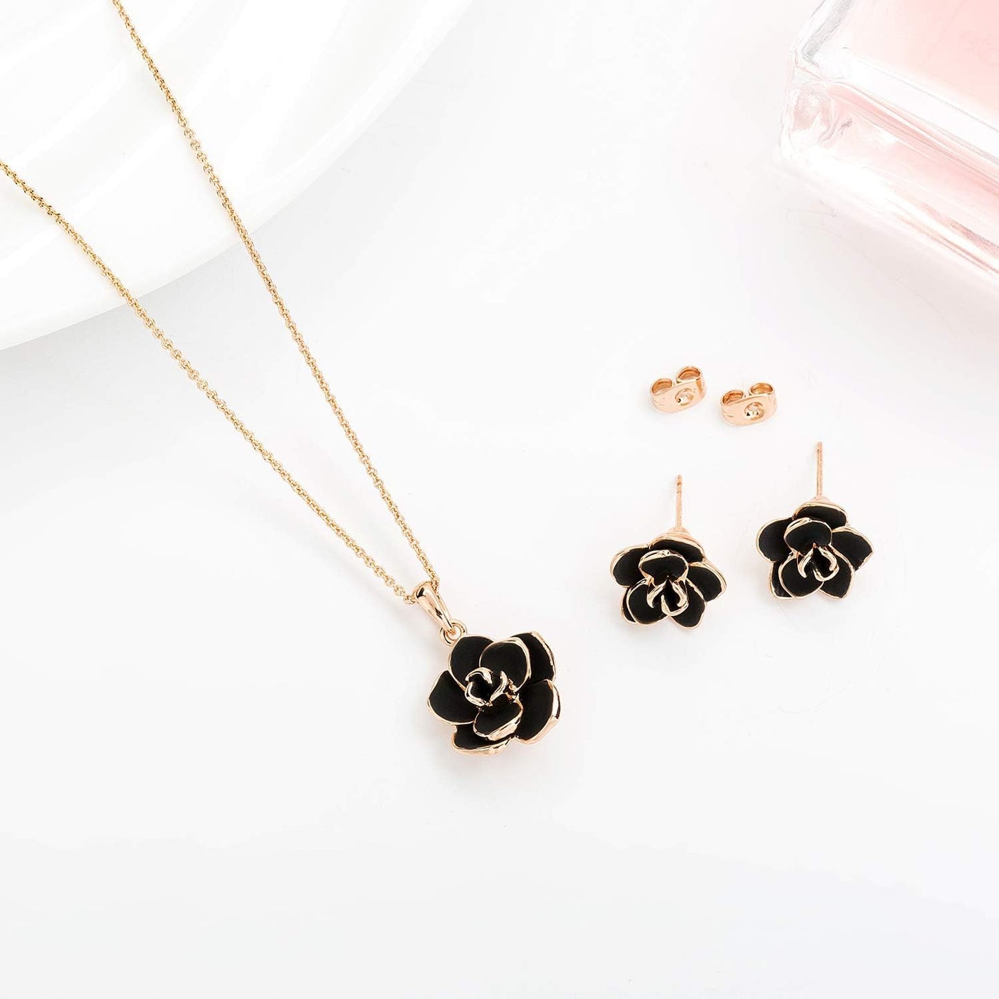 Rose Flower Necklace Earrings Set for Women 18K Gold Plated Hypoallergenic Jewelry Sets