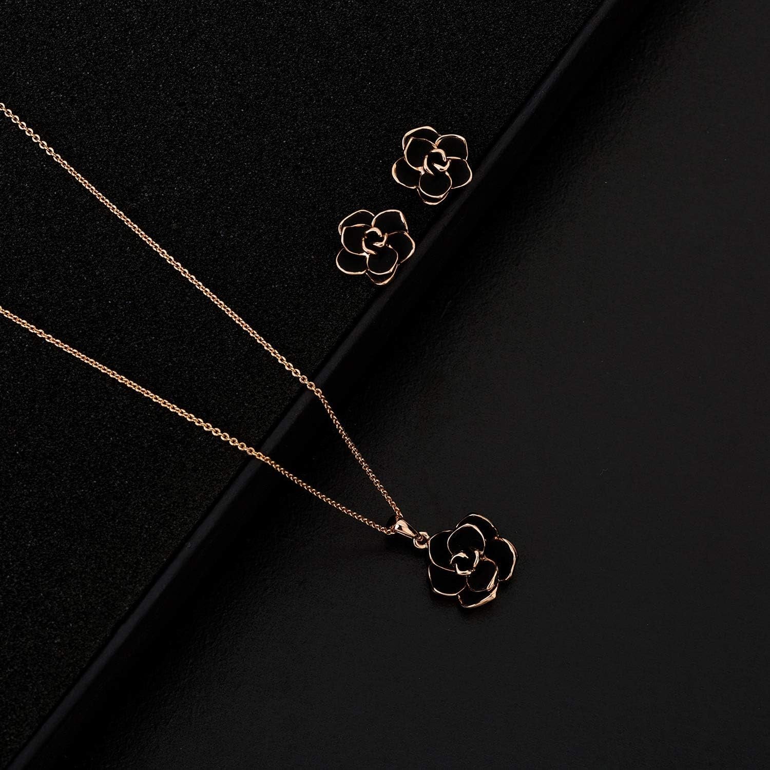 Rose Flower Necklace Earrings Set for Women 18K Gold Plated Hypoallergenic Jewelry Sets