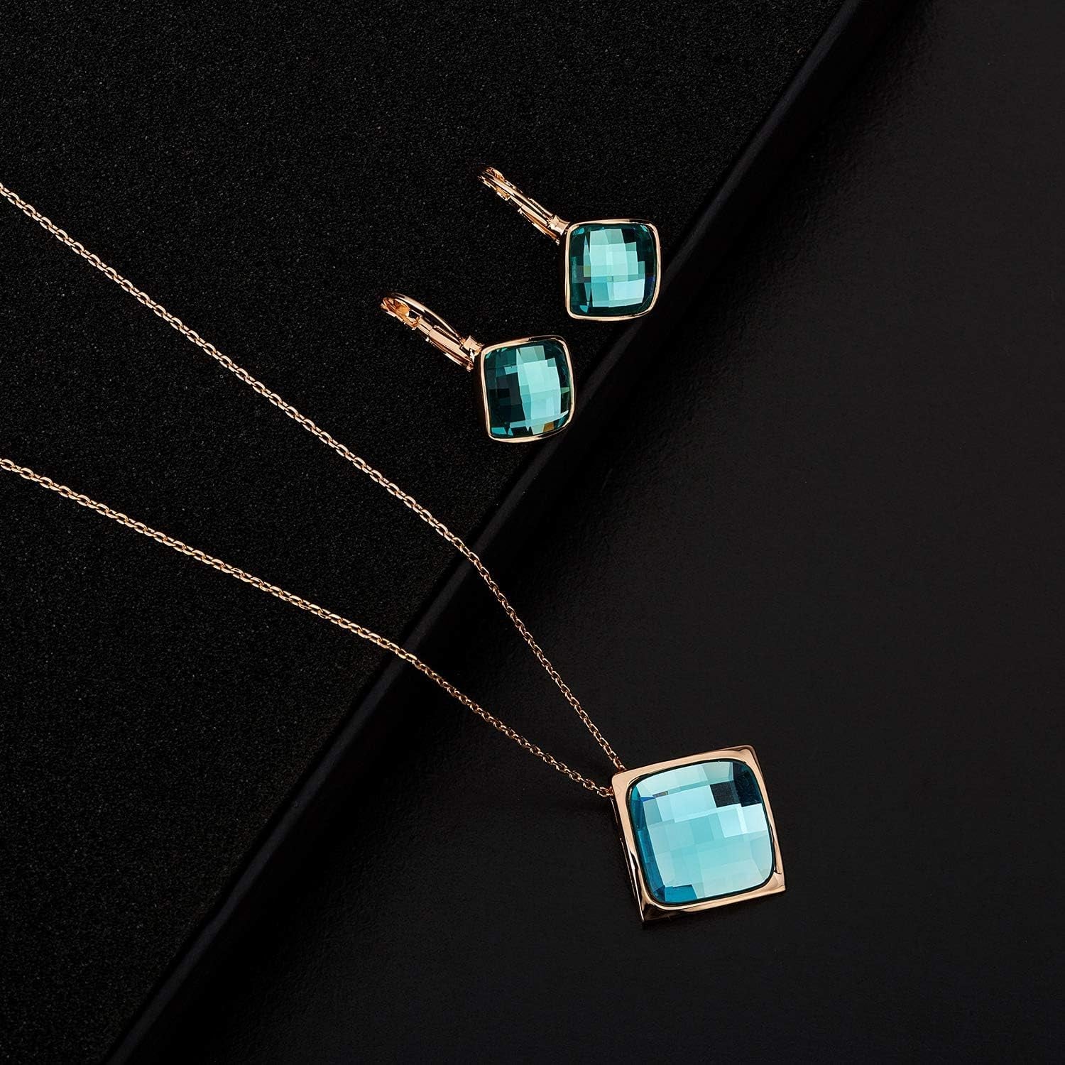 Square Austrian Crystal Necklace Earrings for Women Fashion 18K Gold Plated Hypoallergenic Jewelry Set
