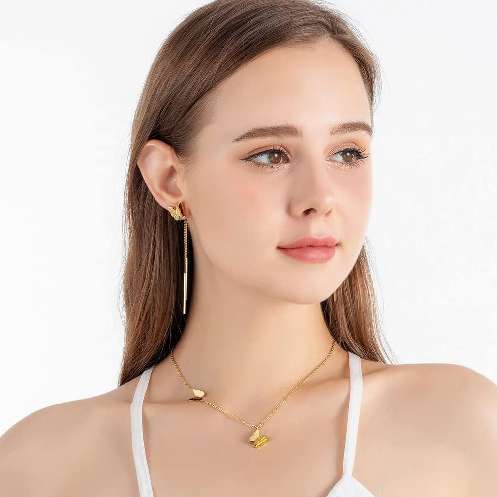 Stainless Steel Butterfly Necklace Earrings Set for Women 14K Gold Plated Hypoallergenic Jewelry Sets