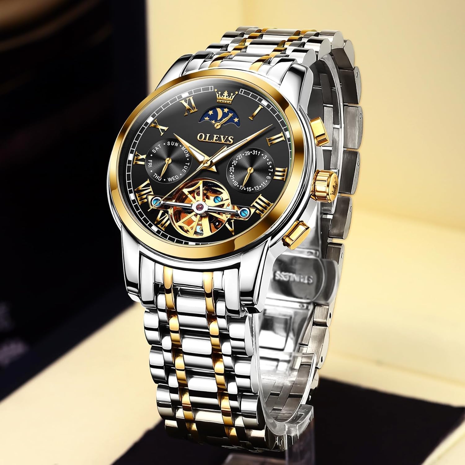 Automatic Mechanical Watches for Men Self Winding Waterproof Stainless Steel Men'S Wrist Watches Luxury Expensive Watch,Adjustable Bracelet (Gift Tool)
