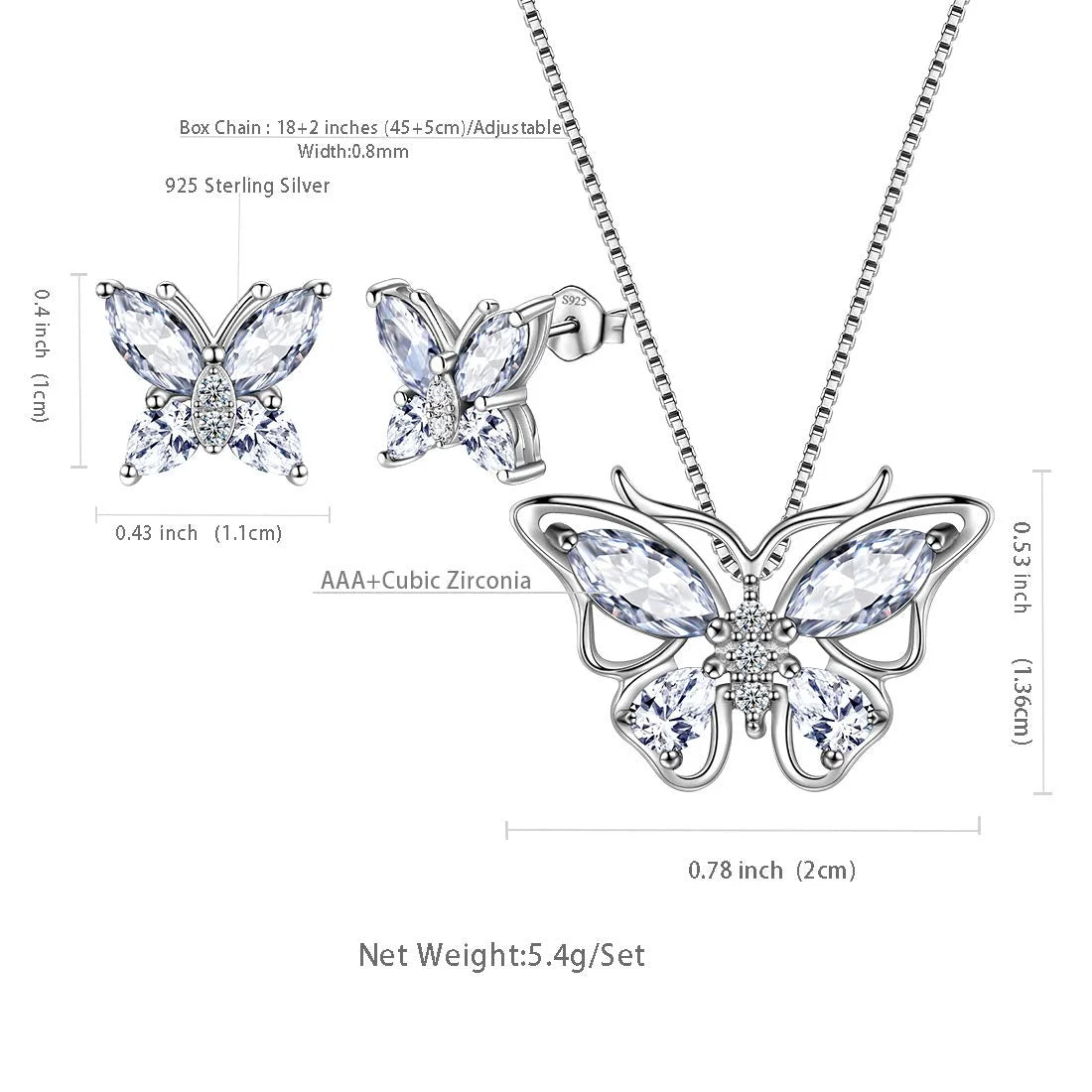 April Birthstone Jewelry Diamond White Butterfly Jewelry Set Fine Necklace Earrings Sterling Silver Women Birthday Wedding Mother'S Day Gifts