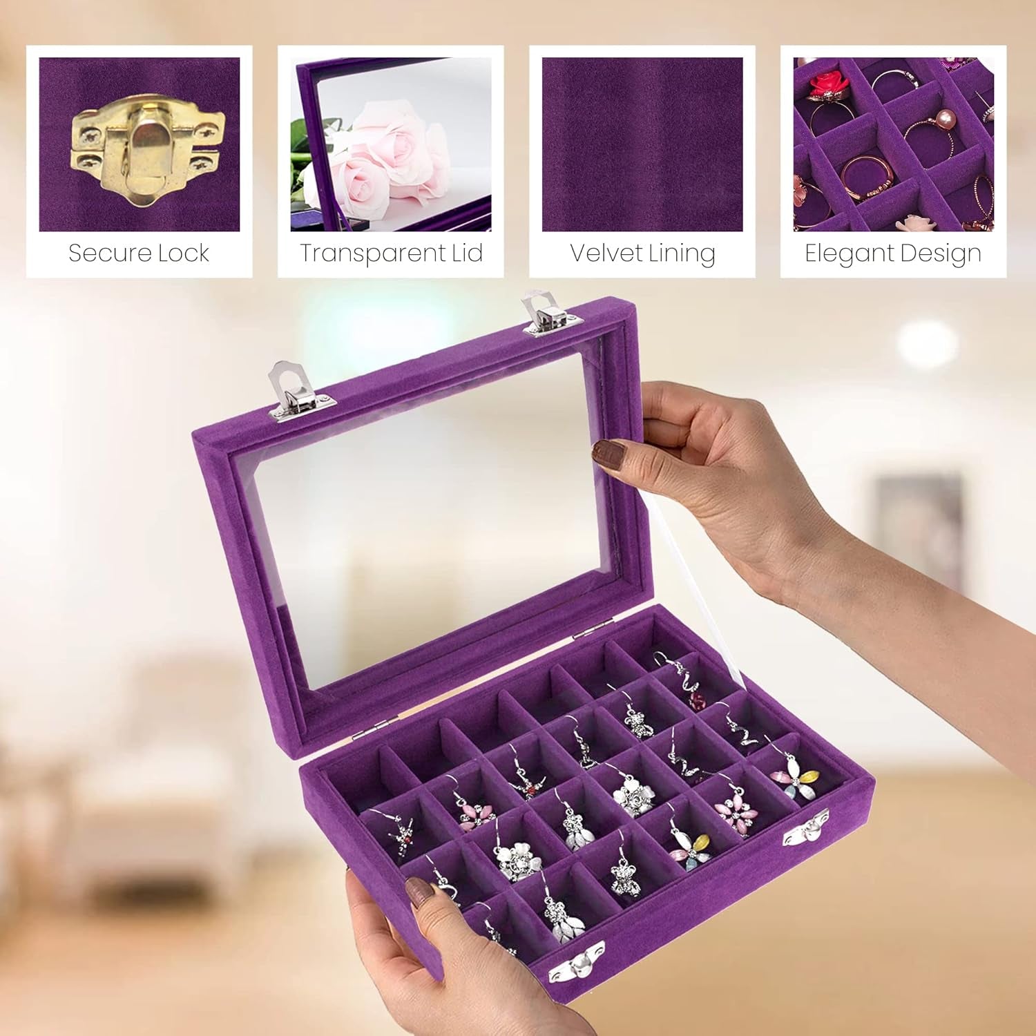 Velvet Earring Jewelry Box - 24 Grid Small Jewelry Earring Organizer Box with Snap Button - Earring Holder for Girls and Teen, Secure and Travel Friendly (Purple)