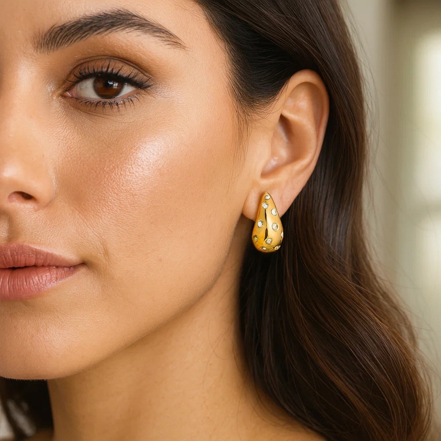 Sterling Silver Yellow Gold Plated Puffed Raindrop CZ Earrings