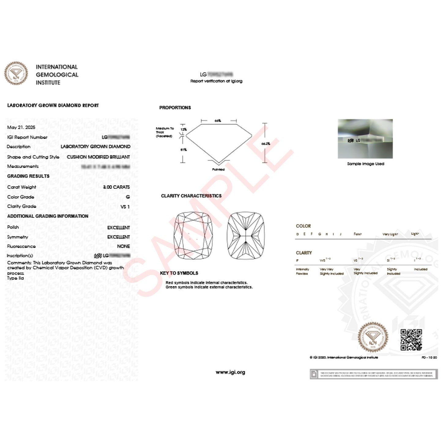 3 Carat Cushion Lab Grown IGI G/VS1 Diamond Solitaire Ring in 14K White Gold