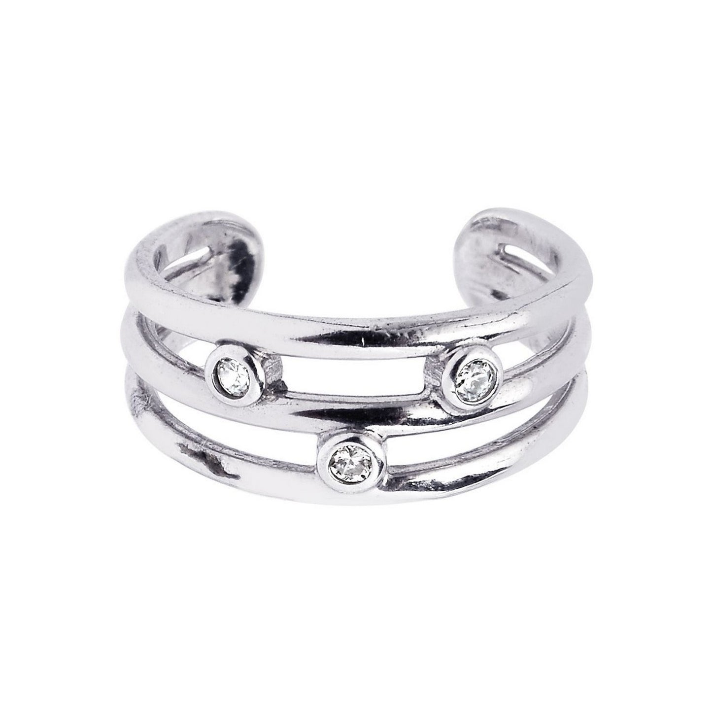 Sterling Silver Rhodium Plated Triple Line Open Motif Cubic Zirconia Toe Ring