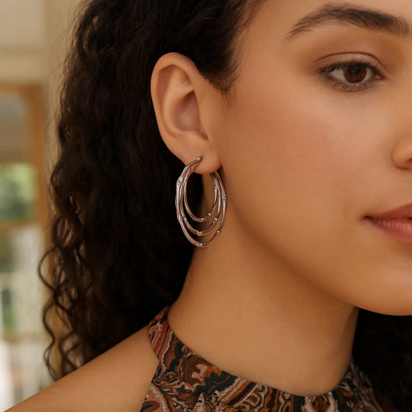 Sterling Silver Rhodium Plated Multi Row Bamboo Hoop Earrings