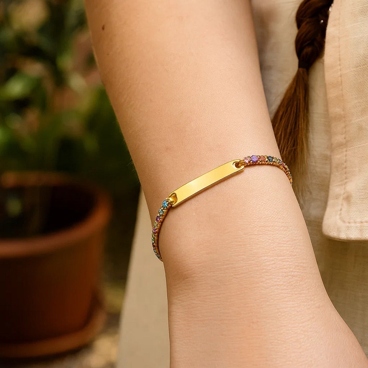 Sterling Silver Gold Plated Rainbow CZ ID Bracelet (2.70 mm)