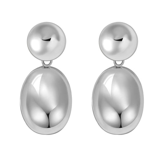 Sterling Silver Rhodium Plated Puffed Oval Double Button Drop Earrings