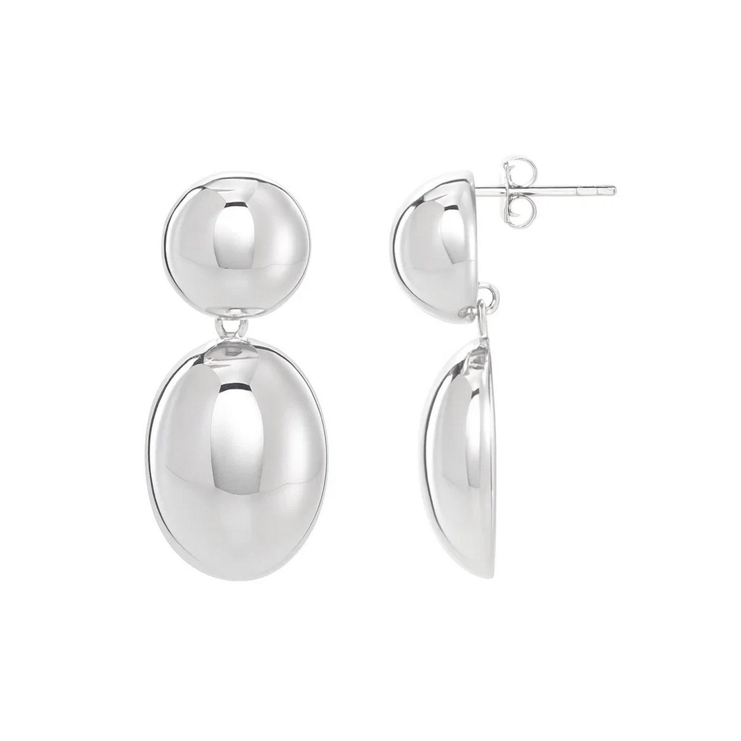 Sterling Silver Rhodium Plated Puffed Oval Double Button Drop Earrings