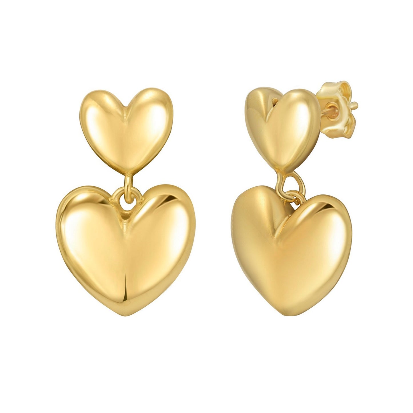 Sterling Silver Yellow Gold Plated Puffed Double Heart Drop Earrings