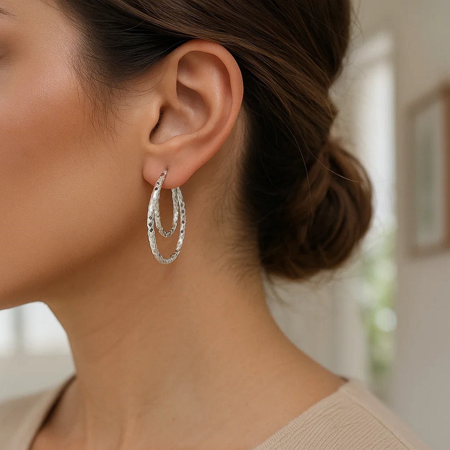 Sterling Silver Double Oval Textured Hoop Earrings