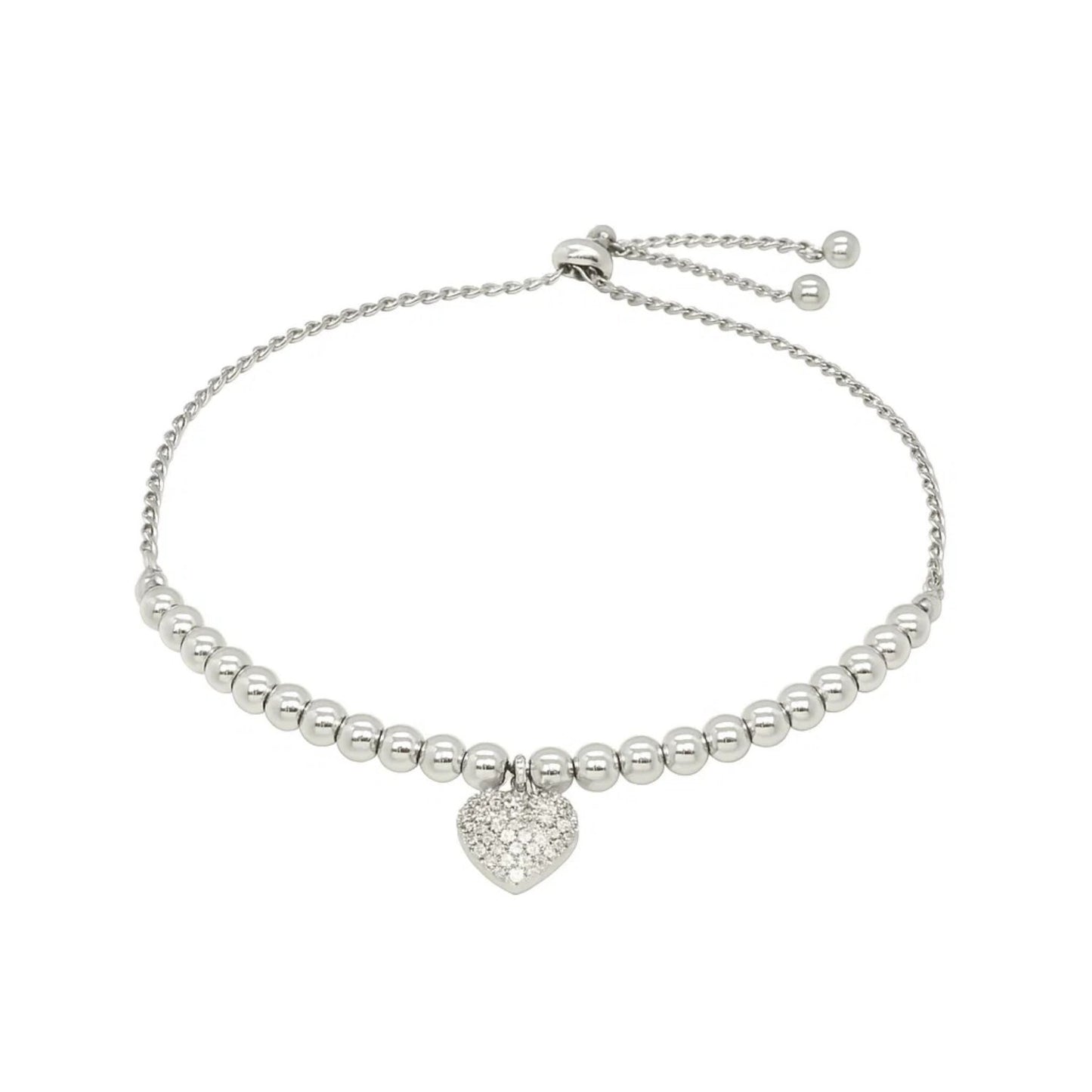 Adjustable Bead Bracelet with Round Charm and Cubic Zirconias in Sterling Silver