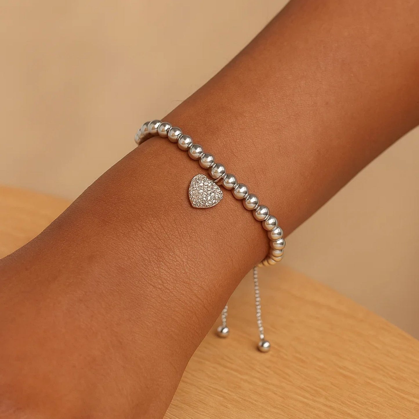 Adjustable Bead Bracelet with Round Charm and Cubic Zirconias in Sterling Silver