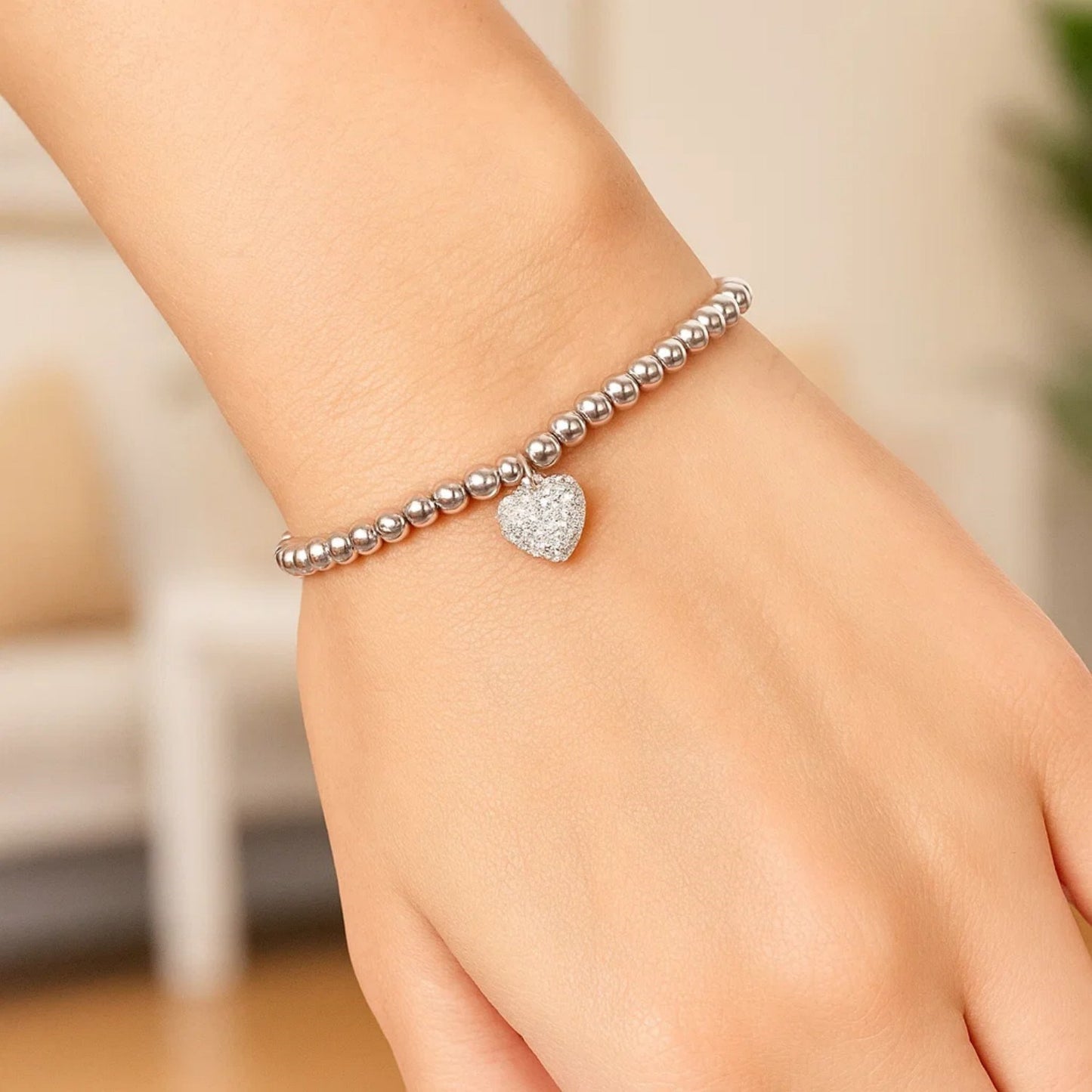 Adjustable Bead Bracelet with Round Charm and Cubic Zirconias in Sterling Silver