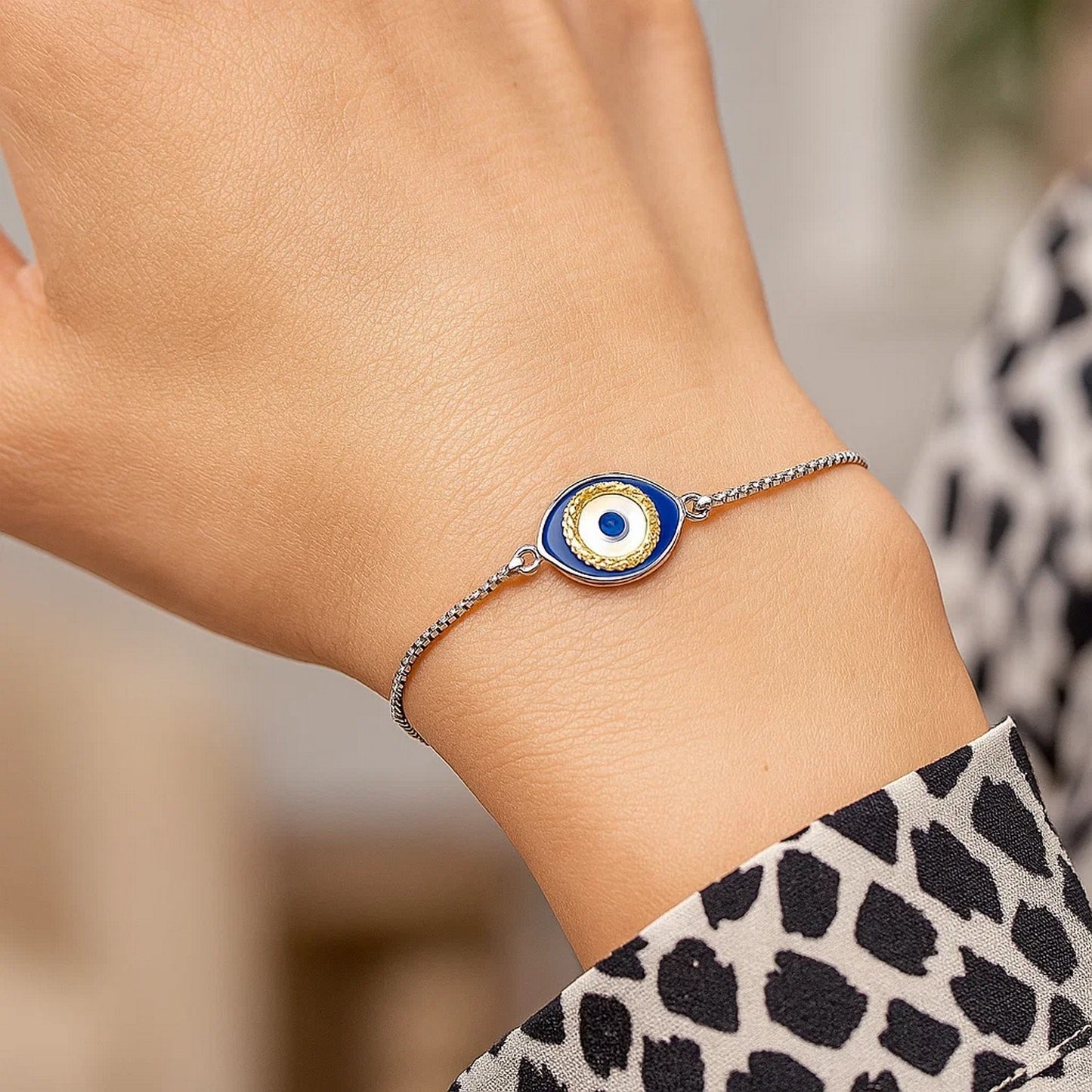 Sterling Silver Adjustable Two Toned Enameled Evil Eye Friendship Bracelet