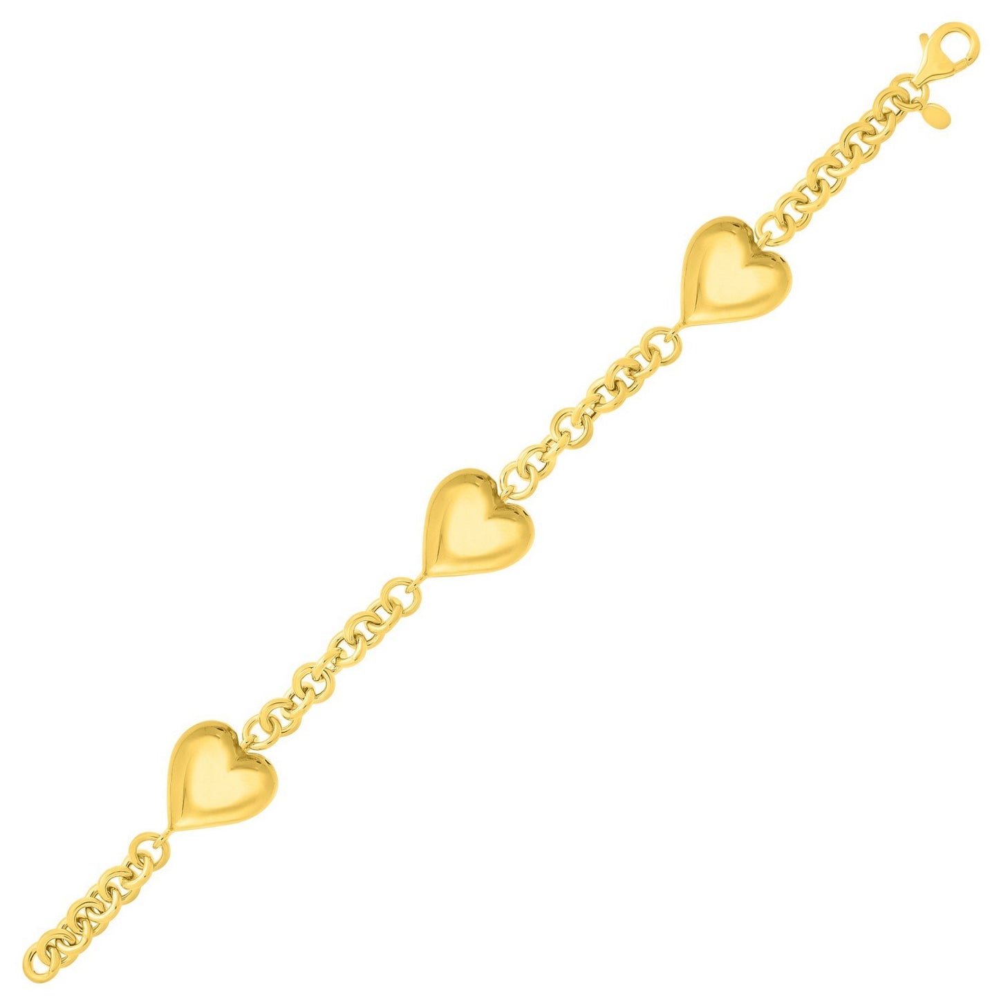 Sterling Silver Yellow Gold Plated Extra Puffed Triple Heart Bracelet
