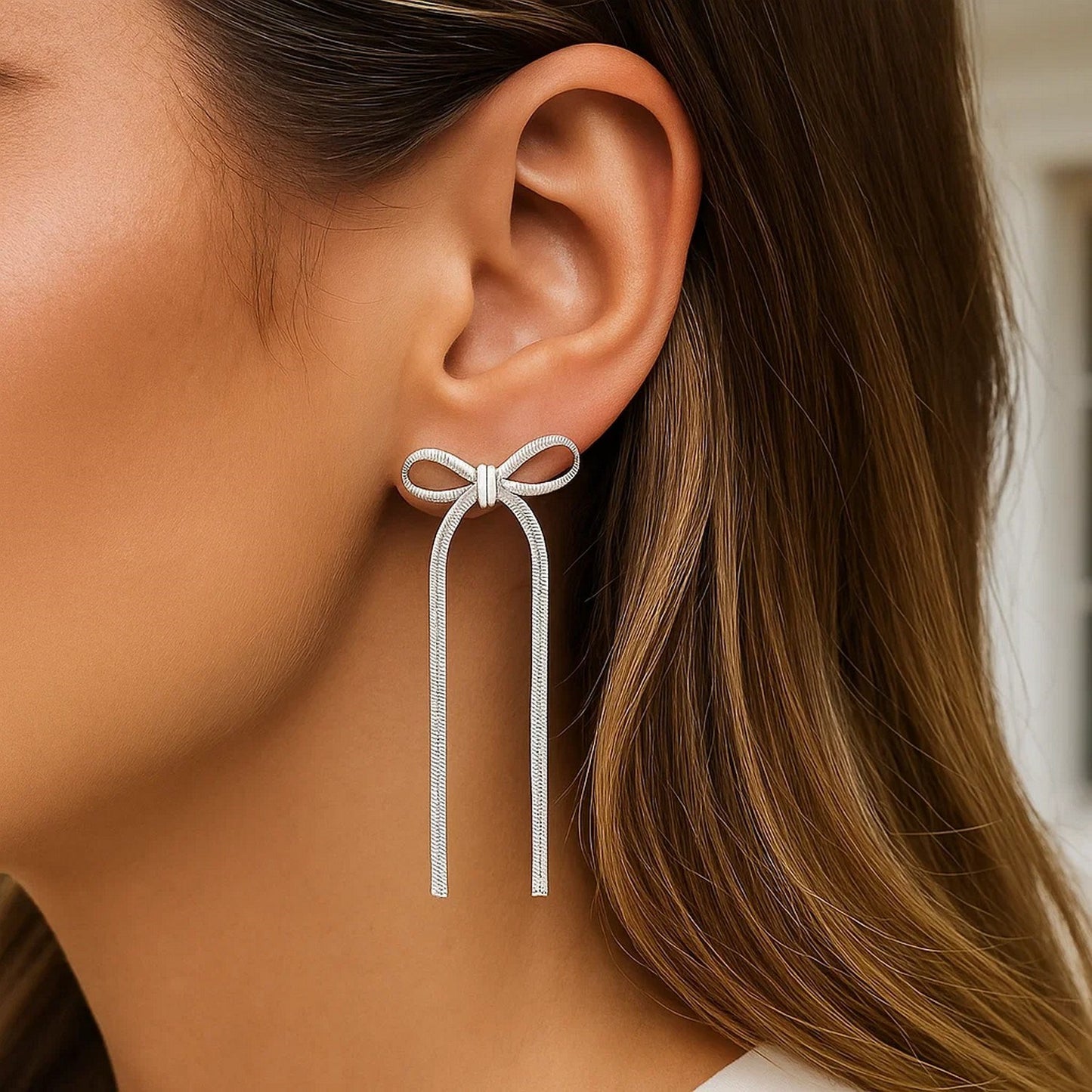 Sterling Silver Snake Chain Drop Dangle Bow Earrings