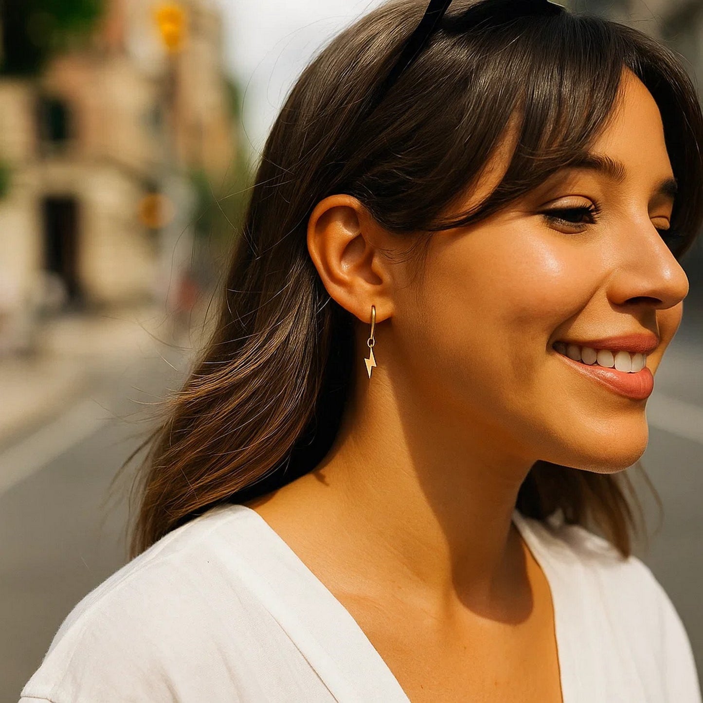 14K Yellow Gold Lighting Bolt Drop Hoop Earrings