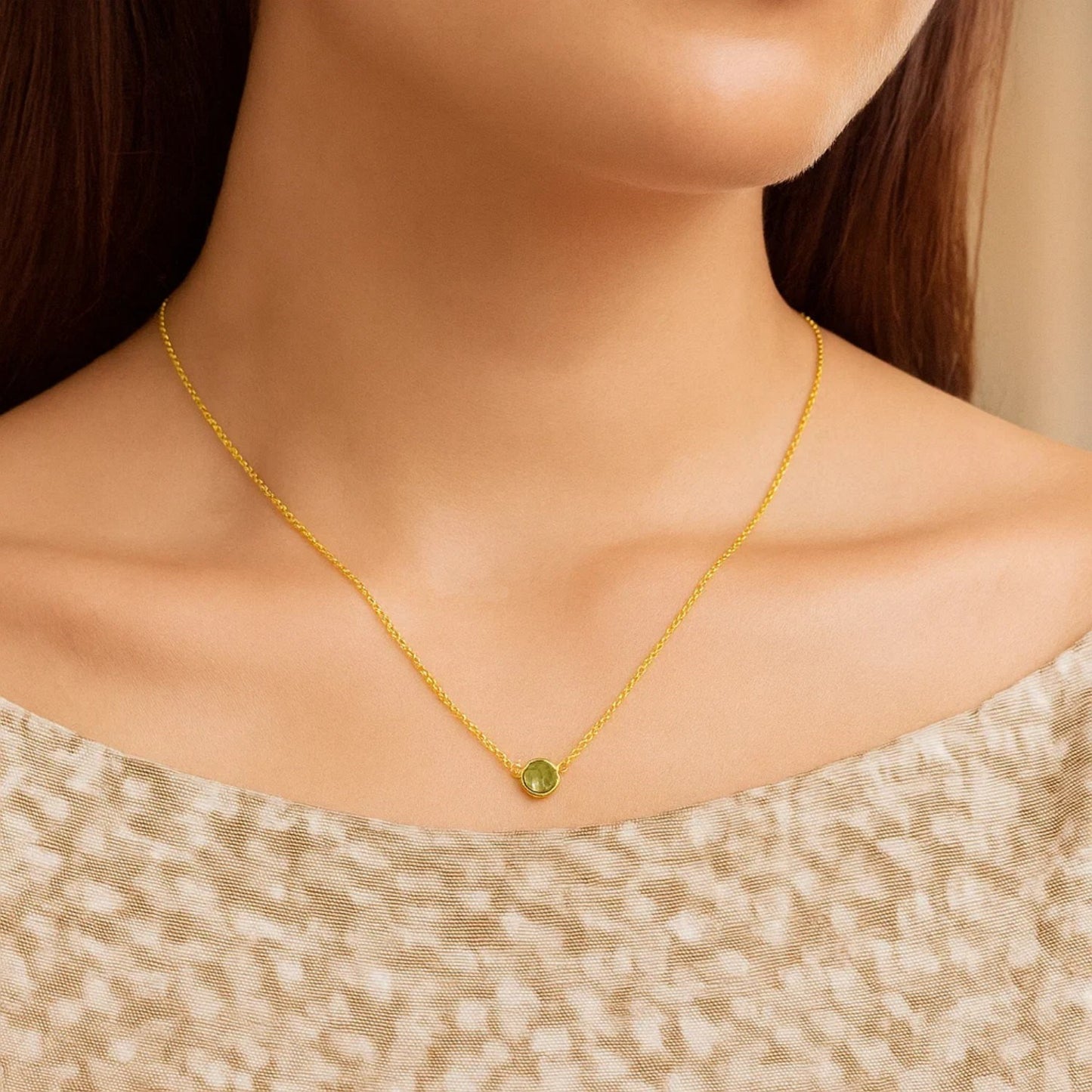 14k Yellow Gold 17 inch Necklace with Round Peridot