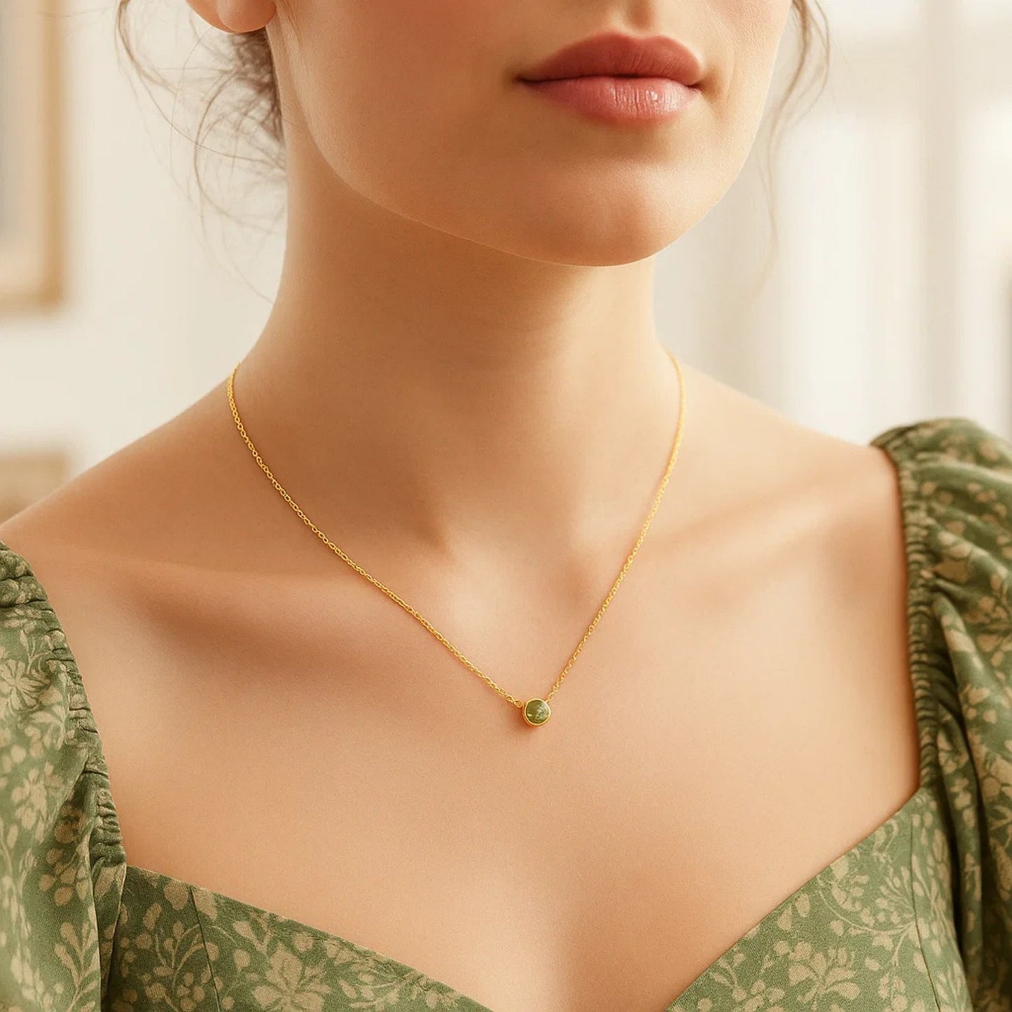 14k Yellow Gold 17 inch Necklace with Round Peridot