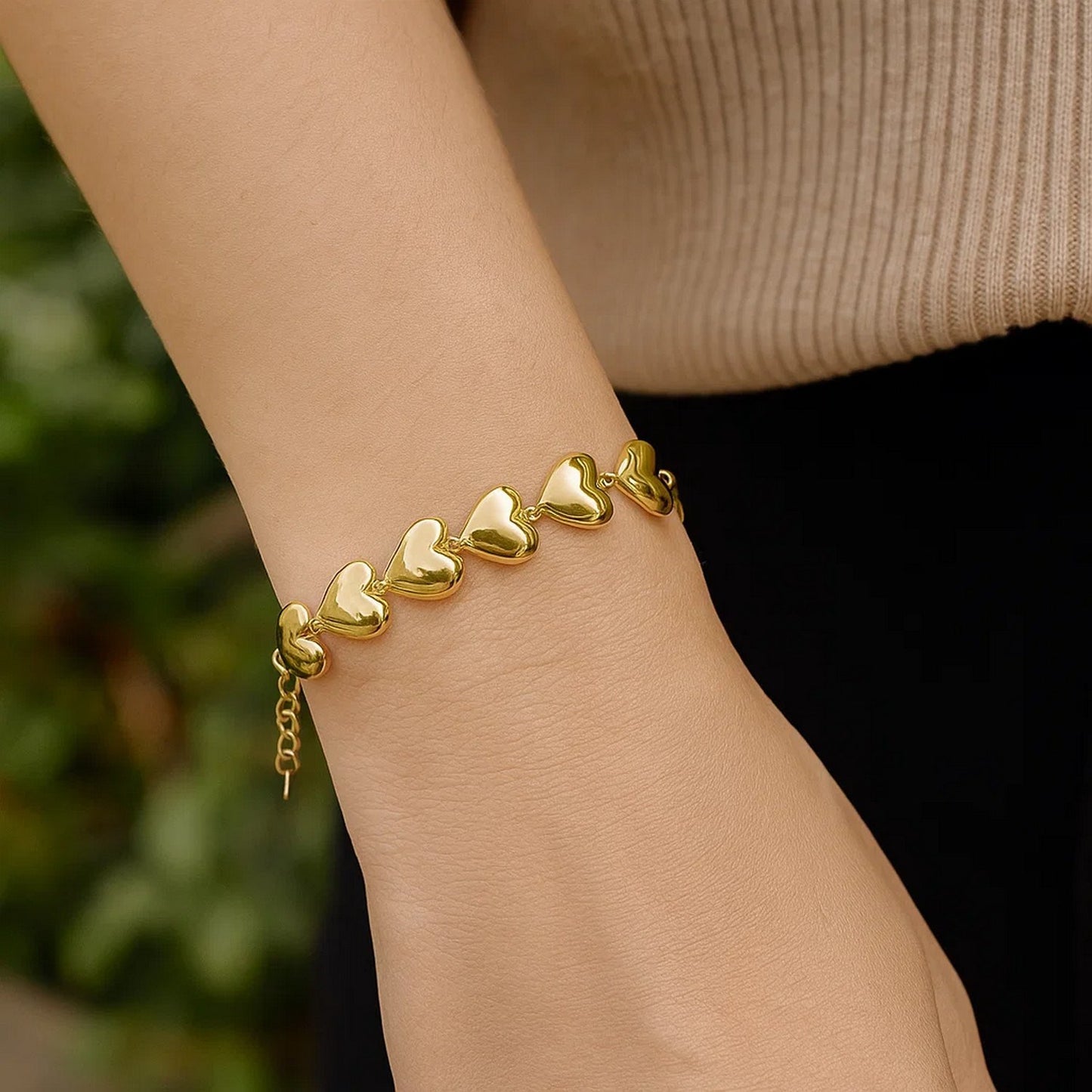 Sterling Silver Yellow Gold Plated Puffed Hearts Bracelet