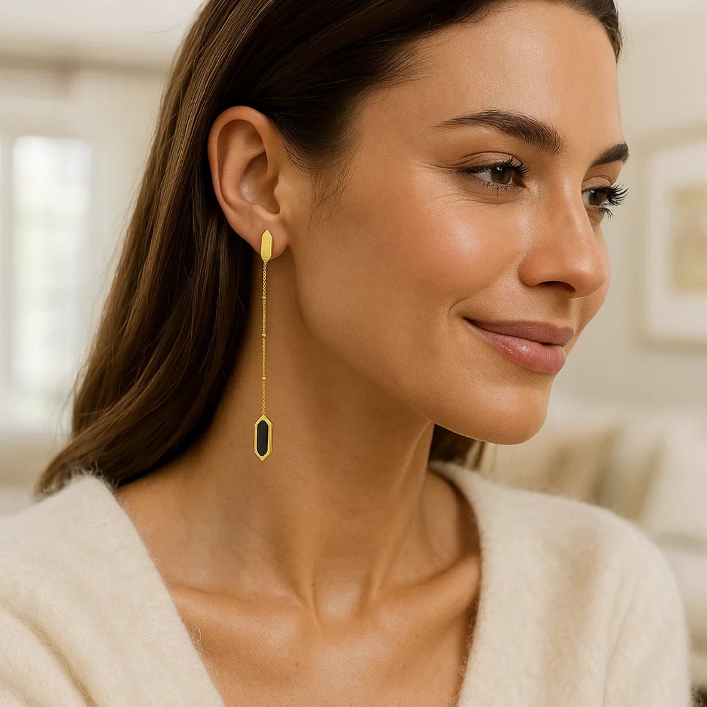 14K Yellow Gold Hexagon Onyx Drop Earrings