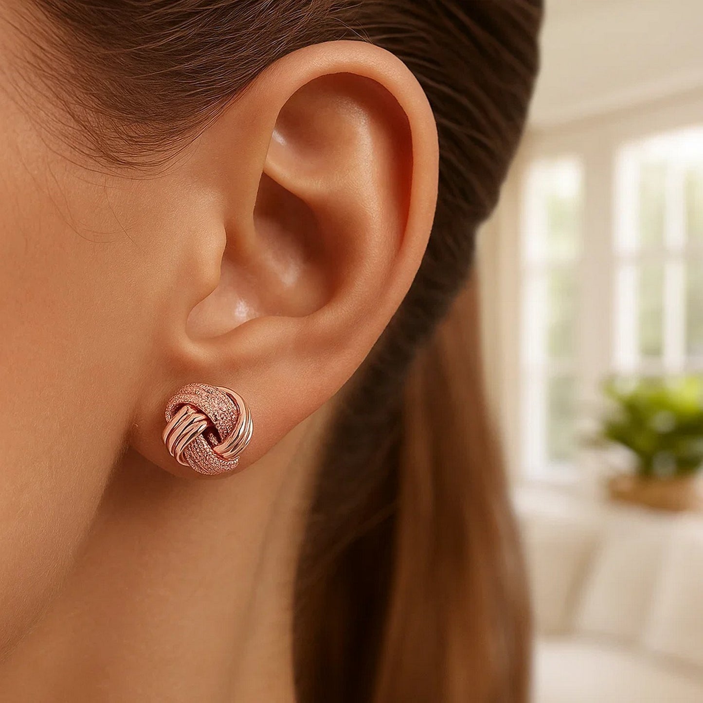 14k Rose Gold Love Knot with Ridge Texture Earrings
