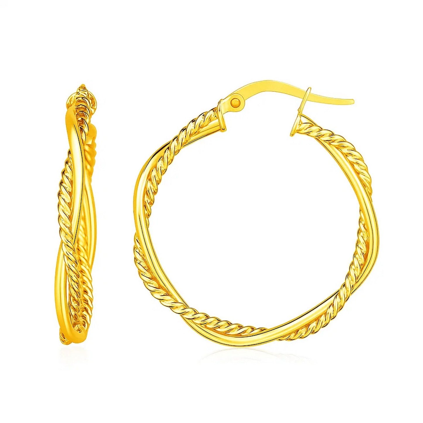 14k Yellow Gold Two Part Textured Twisted Round Hoop Earrings(3x25mm)
